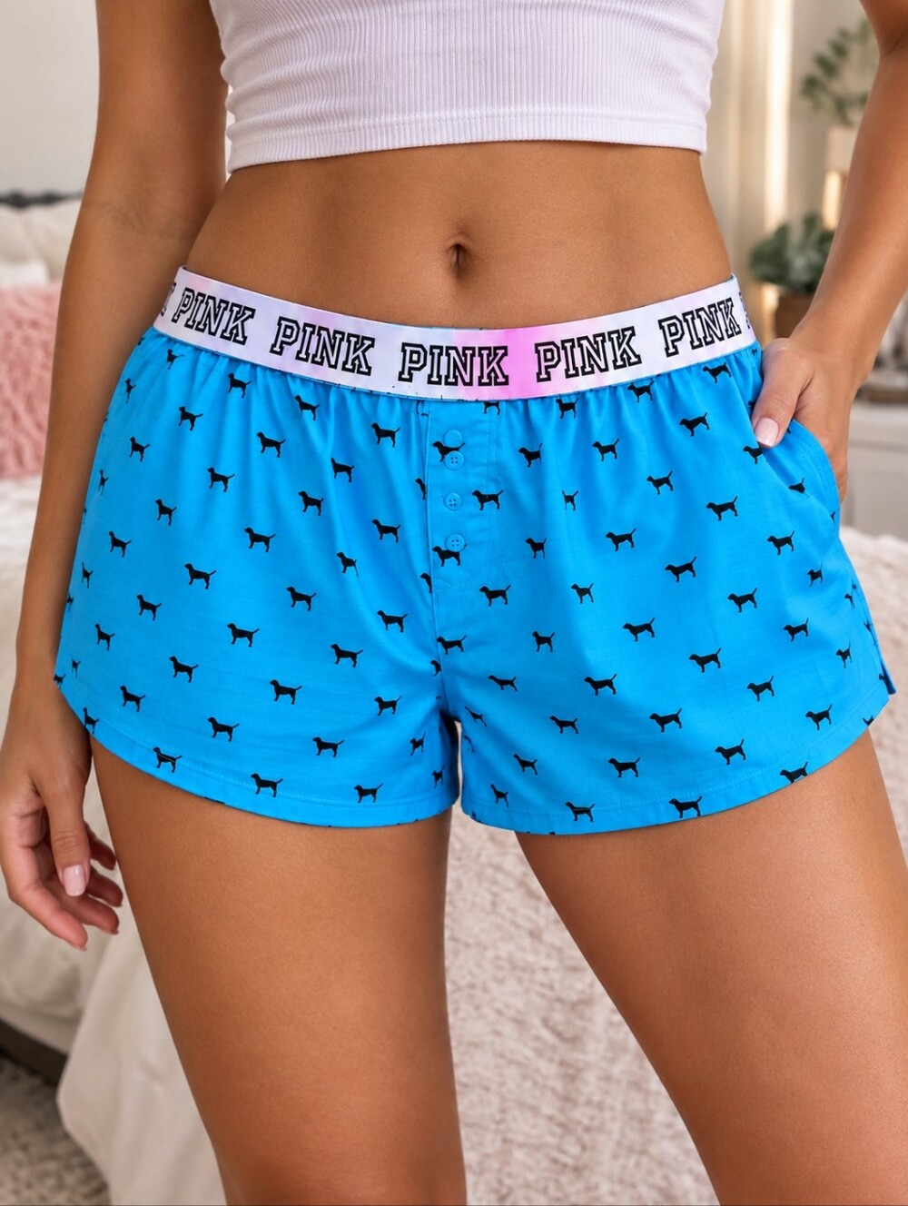 Victoria’s Secret PINK Teal Dog Print Sleep Shorts Pajama Lounge Large -B
